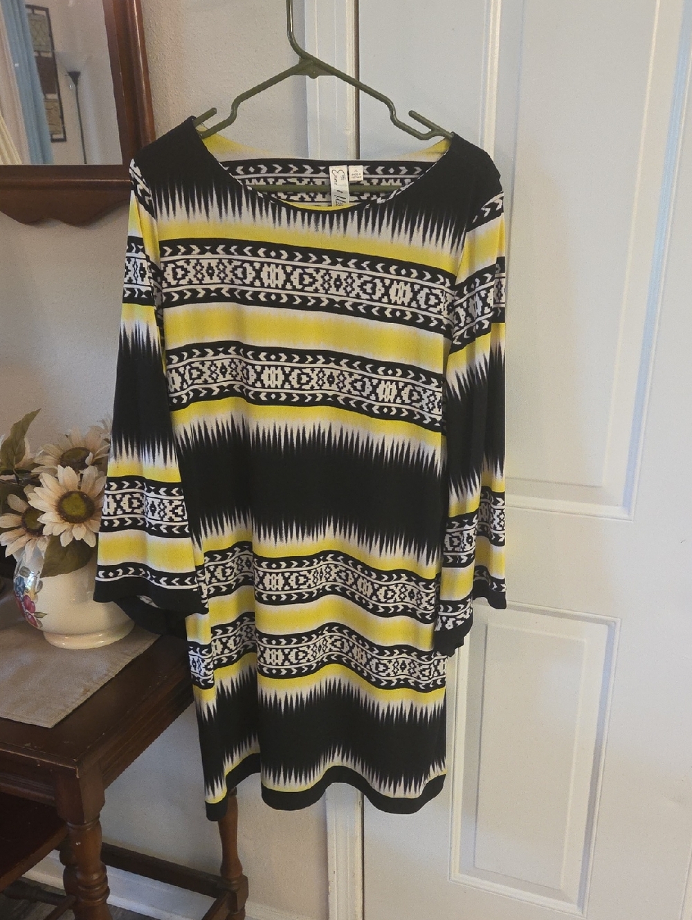 Black, White & Yellow Patterned Long Sleeve Tunic Dress Sz Xl Emma & Michele